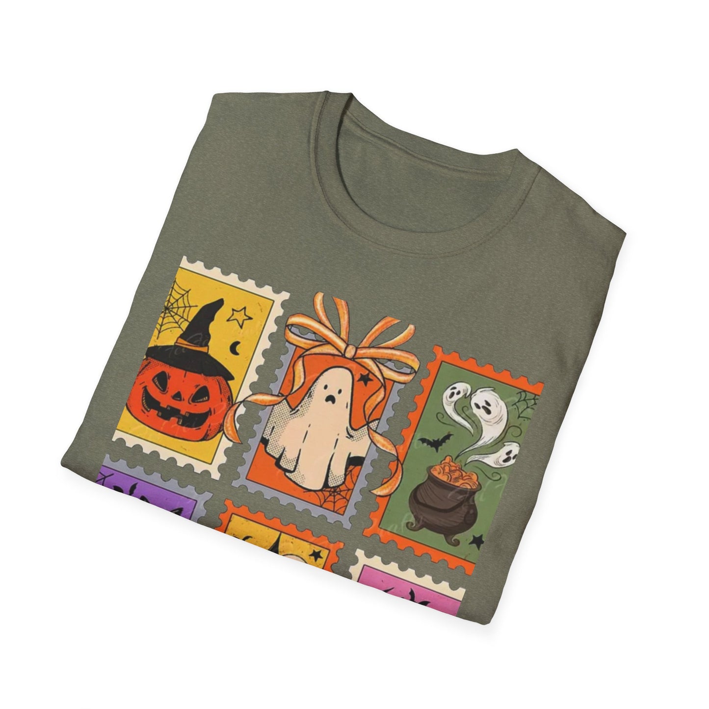 Halloween Themed Unisex Softstyle T-Shirt - Spooky Stamp Design, Fall Fashion, Trick or Treat, Halloween Party, Gift for Ghost Lovers