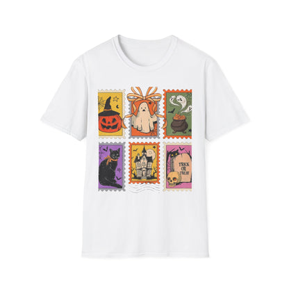 Halloween Themed Unisex Softstyle T-Shirt - Spooky Stamp Design, Fall Fashion, Trick or Treat, Halloween Party, Gift for Ghost Lovers