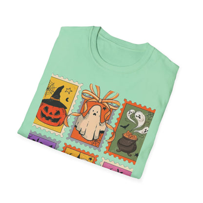 Halloween Themed Unisex Softstyle T-Shirt - Spooky Stamp Design, Fall Fashion, Trick or Treat, Halloween Party, Gift for Ghost Lovers