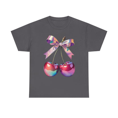 Sweet Cherry Ribbon Tee, Cute Casual Wear, Gift for Fruit Lovers, Summer Vibe Shirt, Festival Outfit, Unisex Graphic T-Shirt