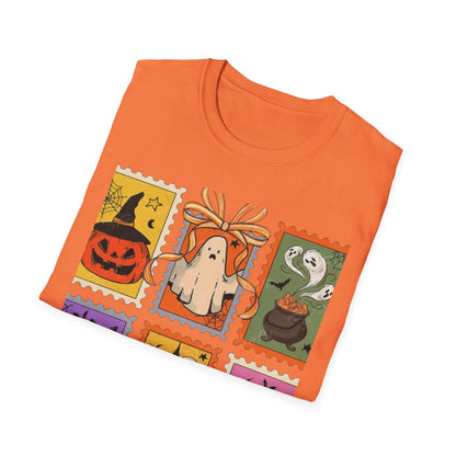 Halloween Themed Unisex Softstyle T-Shirt - Spooky Stamp Design, Fall Fashion, Trick or Treat, Halloween Party, Gift for Ghost Lovers