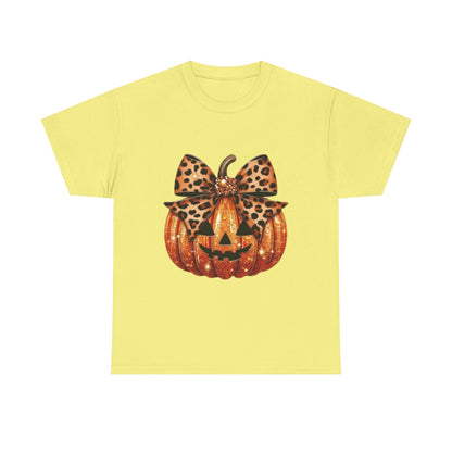Leopard Bow Pumpkin Tee, Cute Halloween Shirt, Fall Fashion, Unisex Graphic Tee, Autumn Apparel, Pumpkin Lover Gift