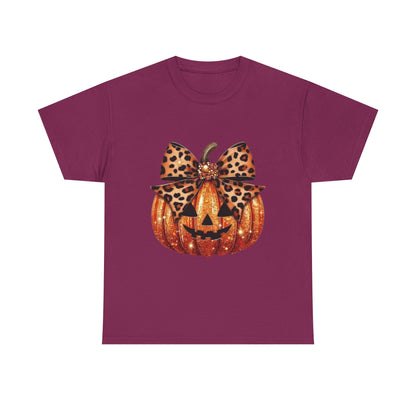 Leopard Bow Pumpkin Tee, Cute Halloween Shirt, Fall Fashion, Unisex Graphic Tee, Autumn Apparel, Pumpkin Lover Gift