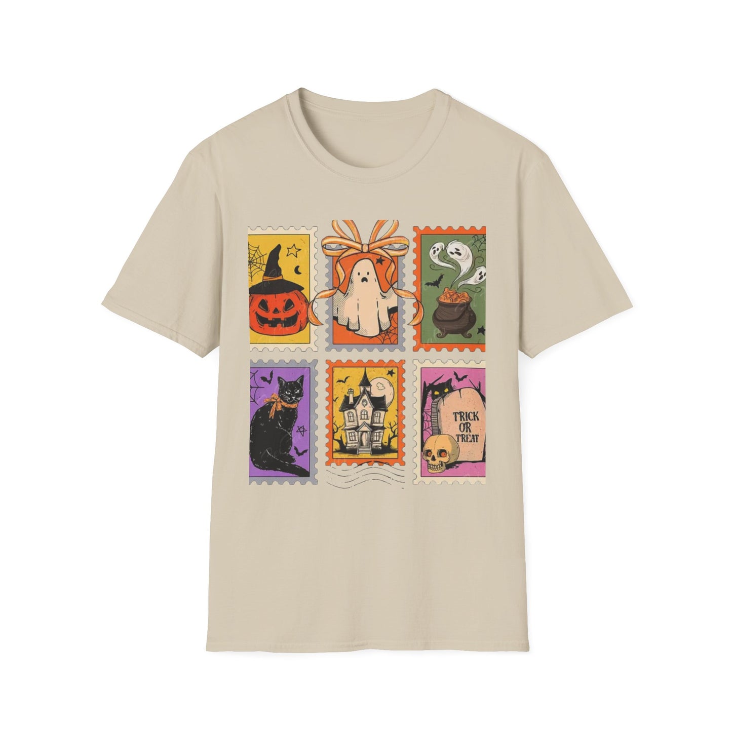 Halloween Themed Unisex Softstyle T-Shirt - Spooky Stamp Design, Fall Fashion, Trick or Treat, Halloween Party, Gift for Ghost Lovers