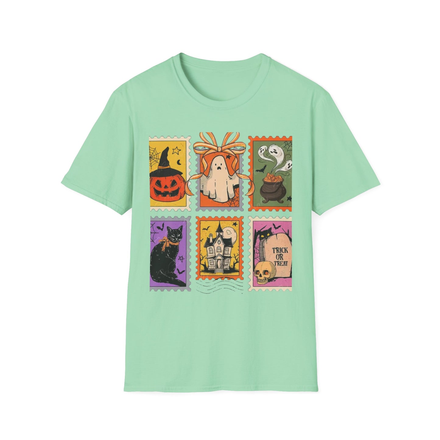 Halloween Themed Unisex Softstyle T-Shirt - Spooky Stamp Design, Fall Fashion, Trick or Treat, Halloween Party, Gift for Ghost Lovers