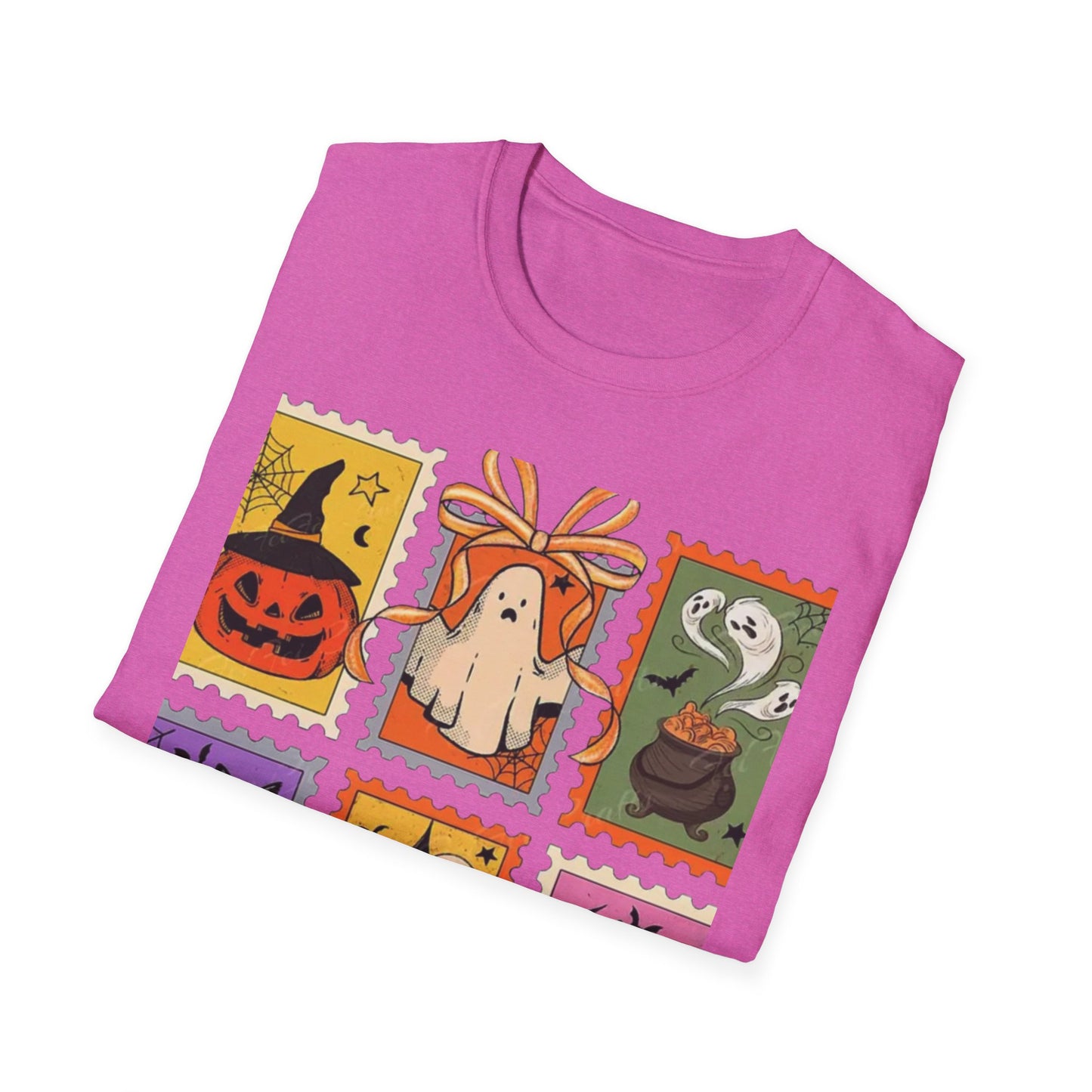 Halloween Themed Unisex Softstyle T-Shirt - Spooky Stamp Design, Fall Fashion, Trick or Treat, Halloween Party, Gift for Ghost Lovers