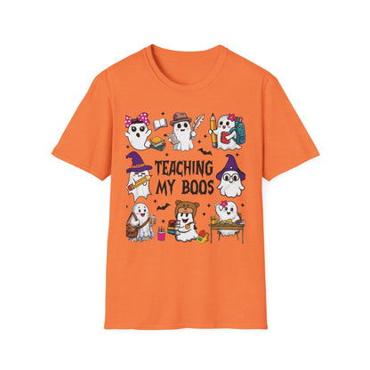Halloween Teacher T-Shirt, Teaching My Boos, Unisex Softstyle Tee, Cute Ghost Design, Fall Celebration Apparel
