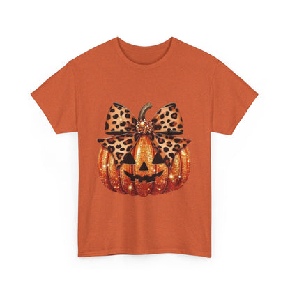 Leopard Bow Pumpkin Tee, Cute Halloween Shirt, Fall Fashion, Unisex Graphic Tee, Autumn Apparel, Pumpkin Lover Gift