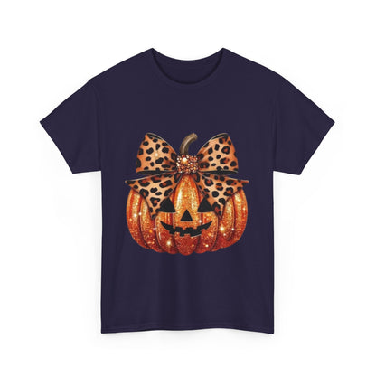 Leopard Bow Pumpkin Tee, Cute Halloween Shirt, Fall Fashion, Unisex Graphic Tee, Autumn Apparel, Pumpkin Lover Gift