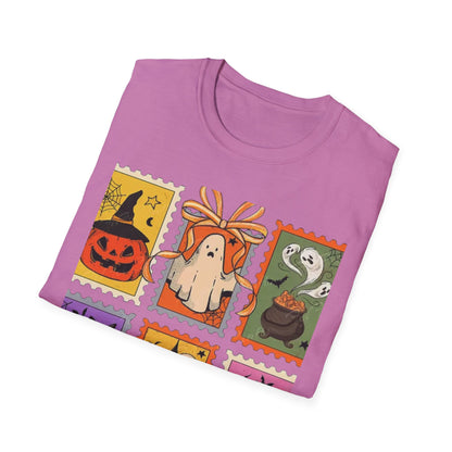 Halloween Themed Unisex Softstyle T-Shirt - Spooky Stamp Design, Fall Fashion, Trick or Treat, Halloween Party, Gift for Ghost Lovers