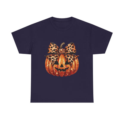 Leopard Bow Pumpkin Tee, Cute Halloween Shirt, Fall Fashion, Unisex Graphic Tee, Autumn Apparel, Pumpkin Lover Gift