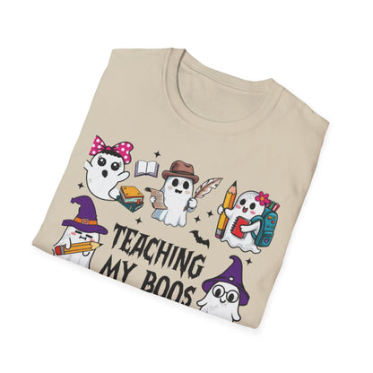 Halloween Teacher T-Shirt, Teaching My Boos, Unisex Softstyle Tee, Cute Ghost Design, Fall Celebration Apparel