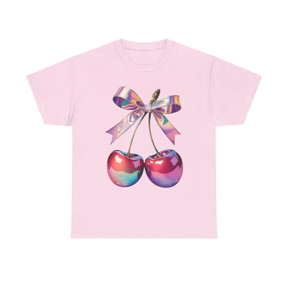 Sweet Cherry Ribbon Tee, Cute Casual Wear, Gift for Fruit Lovers, Summer Vibe Shirt, Festival Outfit, Unisex Graphic T-Shirt