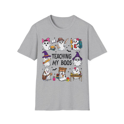 Halloween Teacher T-Shirt, Teaching My Boos, Unisex Softstyle Tee, Cute Ghost Design, Fall Celebration Apparel