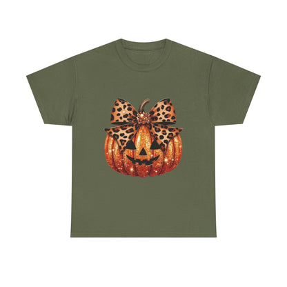 Leopard Bow Pumpkin Tee, Cute Halloween Shirt, Fall Fashion, Unisex Graphic Tee, Autumn Apparel, Pumpkin Lover Gift