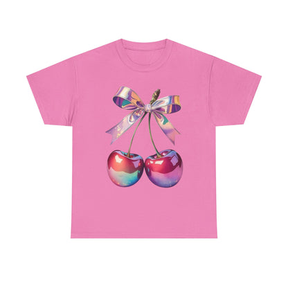 Sweet Cherry Ribbon Tee, Cute Casual Wear, Gift for Fruit Lovers, Summer Vibe Shirt, Festival Outfit, Unisex Graphic T-Shirt