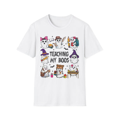 Halloween Teacher T-Shirt, Teaching My Boos, Unisex Softstyle Tee, Cute Ghost Design, Fall Celebration Apparel