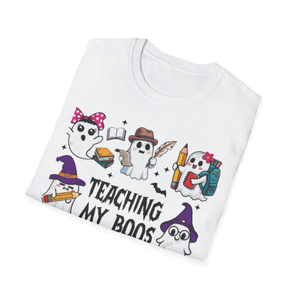 Halloween Teacher T-Shirt, Teaching My Boos, Unisex Softstyle Tee, Cute Ghost Design, Fall Celebration Apparel