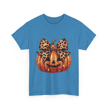 Leopard Bow Pumpkin Tee, Cute Halloween Shirt, Fall Fashion, Unisex Graphic Tee, Autumn Apparel, Pumpkin Lover Gift