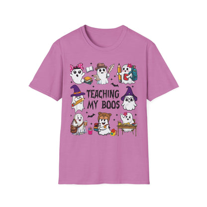 Halloween Teacher T-Shirt, Teaching My Boos, Unisex Softstyle Tee, Cute Ghost Design, Fall Celebration Apparel