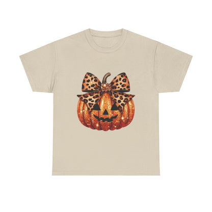 Leopard Bow Pumpkin Tee, Cute Halloween Shirt, Fall Fashion, Unisex Graphic Tee, Autumn Apparel, Pumpkin Lover Gift