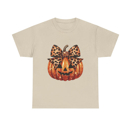 Leopard Bow Pumpkin Tee, Cute Halloween Shirt, Fall Fashion, Unisex Graphic Tee, Autumn Apparel, Pumpkin Lover Gift