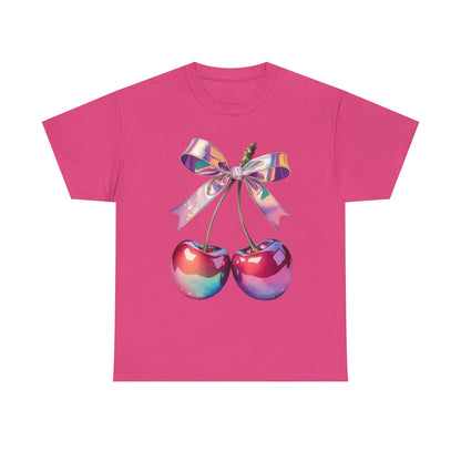 Sweet Cherry Ribbon Tee, Cute Casual Wear, Gift for Fruit Lovers, Summer Vibe Shirt, Festival Outfit, Unisex Graphic T-Shirt