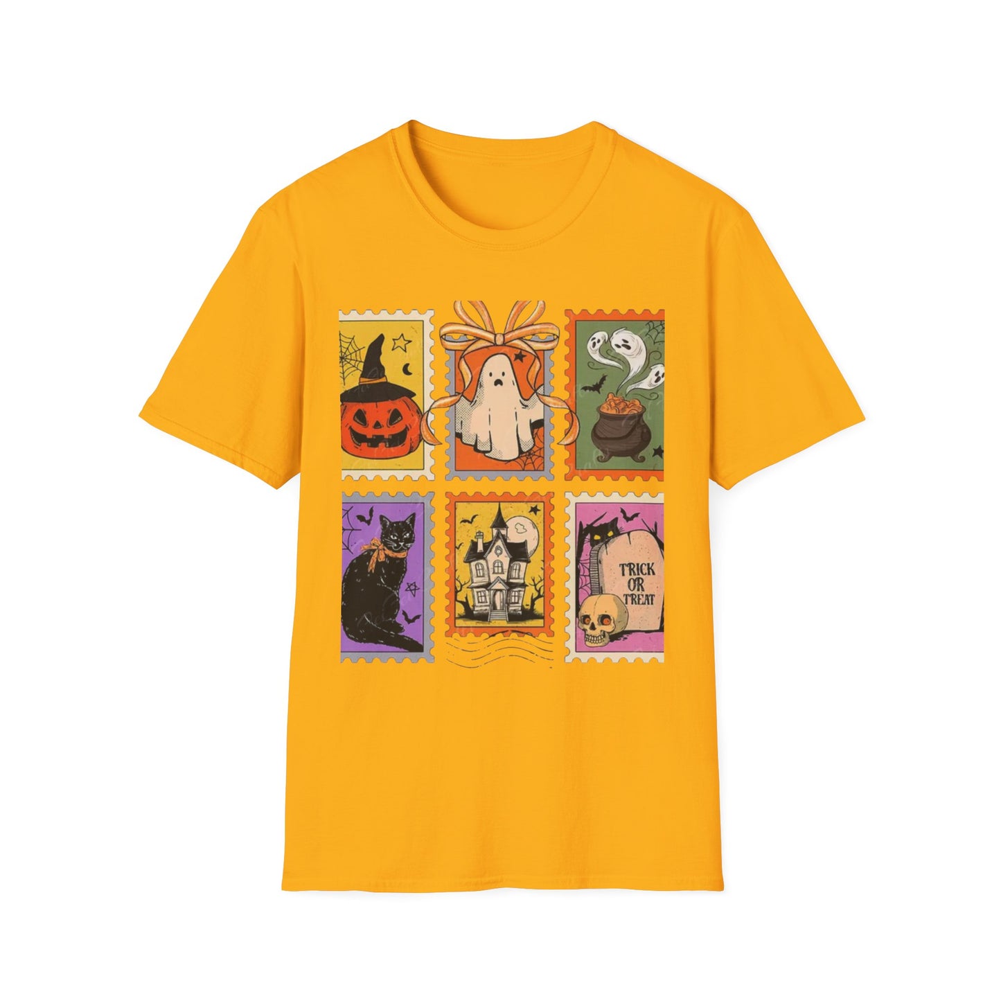 Halloween Themed Unisex Softstyle T-Shirt - Spooky Stamp Design, Fall Fashion, Trick or Treat, Halloween Party, Gift for Ghost Lovers