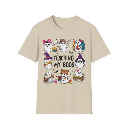 Halloween Teacher T-Shirt, Teaching My Boos, Unisex Softstyle Tee, Cute Ghost Design, Fall Celebration Apparel