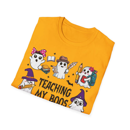 Halloween Teacher T-Shirt, Teaching My Boos, Unisex Softstyle Tee, Cute Ghost Design, Fall Celebration Apparel