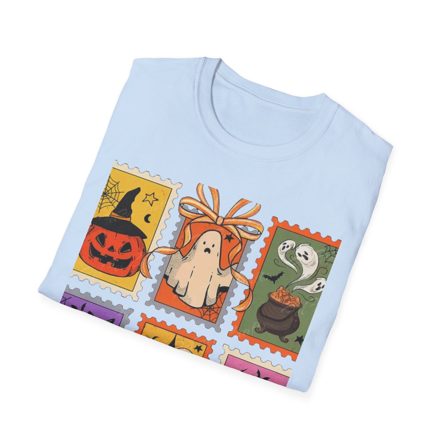 Halloween Themed Unisex Softstyle T-Shirt - Spooky Stamp Design, Fall Fashion, Trick or Treat, Halloween Party, Gift for Ghost Lovers