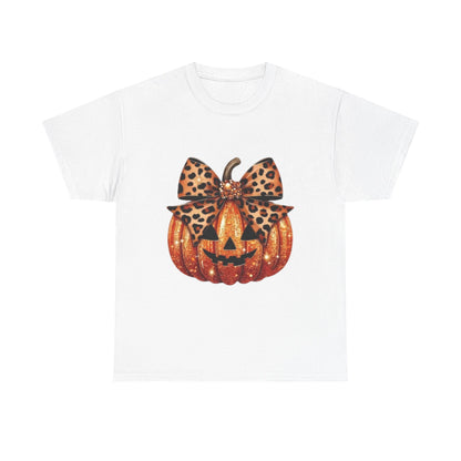 Leopard Bow Pumpkin Tee, Cute Halloween Shirt, Fall Fashion, Unisex Graphic Tee, Autumn Apparel, Pumpkin Lover Gift