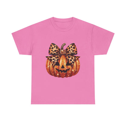 Leopard Bow Pumpkin Tee, Cute Halloween Shirt, Fall Fashion, Unisex Graphic Tee, Autumn Apparel, Pumpkin Lover Gift