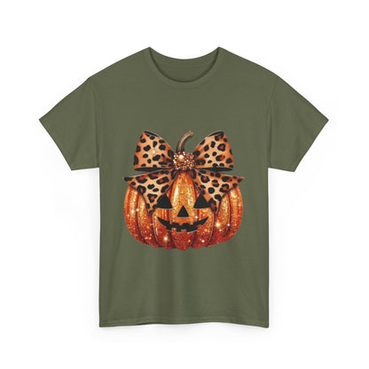 Leopard Bow Pumpkin Tee, Cute Halloween Shirt, Fall Fashion, Unisex Graphic Tee, Autumn Apparel, Pumpkin Lover Gift