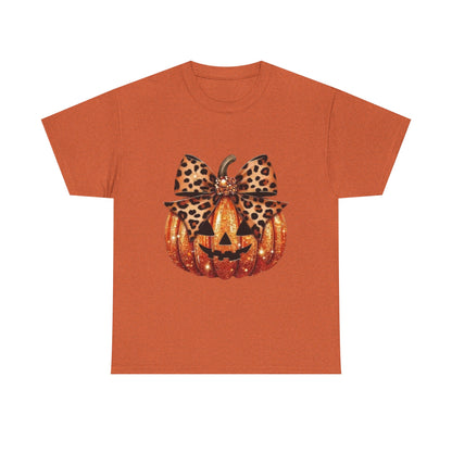Leopard Bow Pumpkin Tee, Cute Halloween Shirt, Fall Fashion, Unisex Graphic Tee, Autumn Apparel, Pumpkin Lover Gift