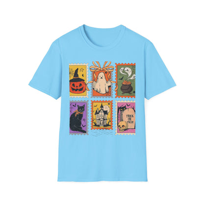 Halloween Themed Unisex Softstyle T-Shirt - Spooky Stamp Design, Fall Fashion, Trick or Treat, Halloween Party, Gift for Ghost Lovers