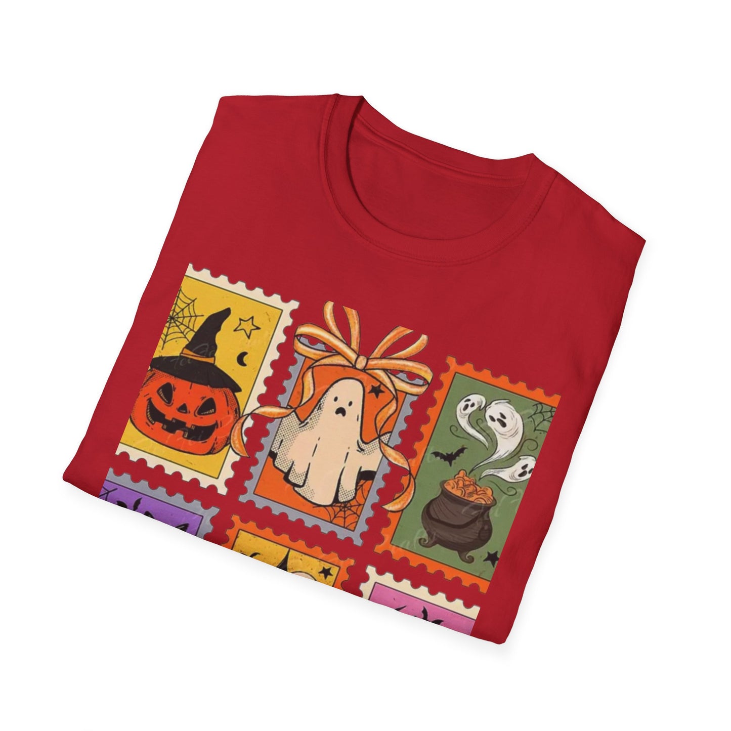 Halloween Themed Unisex Softstyle T-Shirt - Spooky Stamp Design, Fall Fashion, Trick or Treat, Halloween Party, Gift for Ghost Lovers