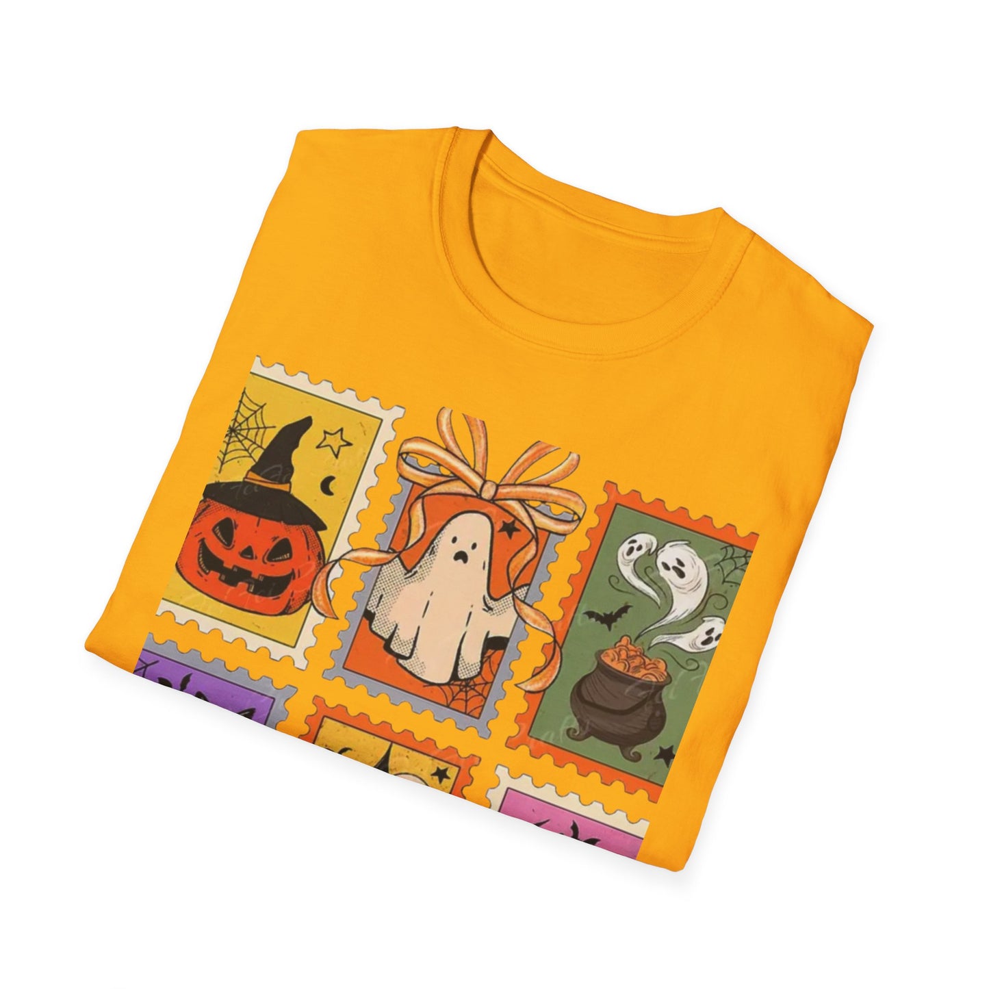 Halloween Themed Unisex Softstyle T-Shirt - Spooky Stamp Design, Fall Fashion, Trick or Treat, Halloween Party, Gift for Ghost Lovers