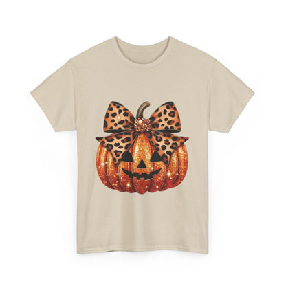 Leopard Bow Pumpkin Tee, Cute Halloween Shirt, Fall Fashion, Unisex Graphic Tee, Autumn Apparel, Pumpkin Lover Gift