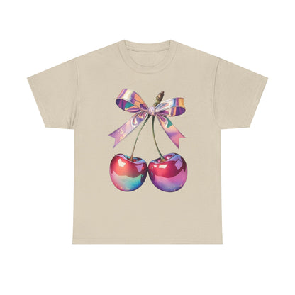 Sweet Cherry Ribbon Tee, Cute Casual Wear, Gift for Fruit Lovers, Summer Vibe Shirt, Festival Outfit, Unisex Graphic T-Shirt