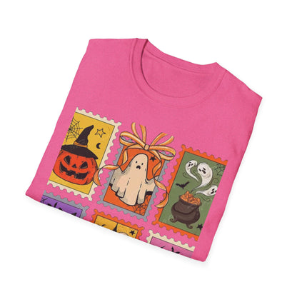 Halloween Themed Unisex Softstyle T-Shirt - Spooky Stamp Design, Fall Fashion, Trick or Treat, Halloween Party, Gift for Ghost Lovers