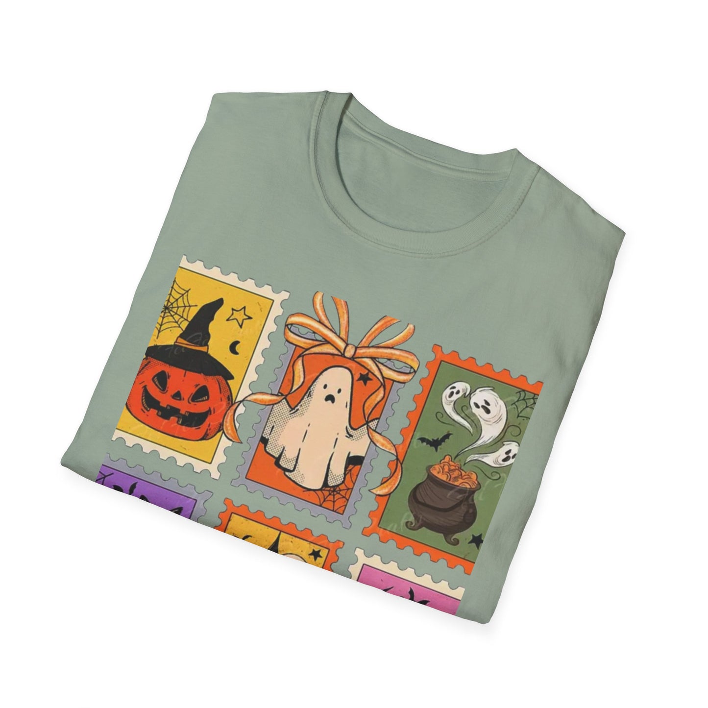 Halloween Themed Unisex Softstyle T-Shirt - Spooky Stamp Design, Fall Fashion, Trick or Treat, Halloween Party, Gift for Ghost Lovers