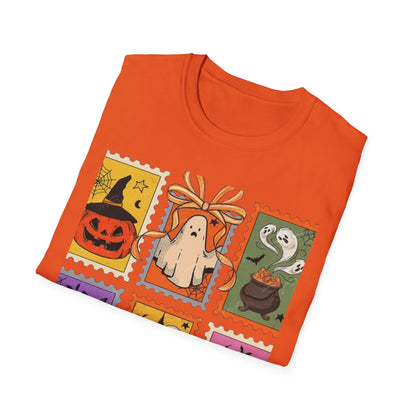 Halloween Themed Unisex Softstyle T-Shirt - Spooky Stamp Design, Fall Fashion, Trick or Treat, Halloween Party, Gift for Ghost Lovers