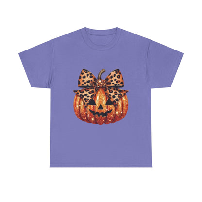 Leopard Bow Pumpkin Tee, Cute Halloween Shirt, Fall Fashion, Unisex Graphic Tee, Autumn Apparel, Pumpkin Lover Gift