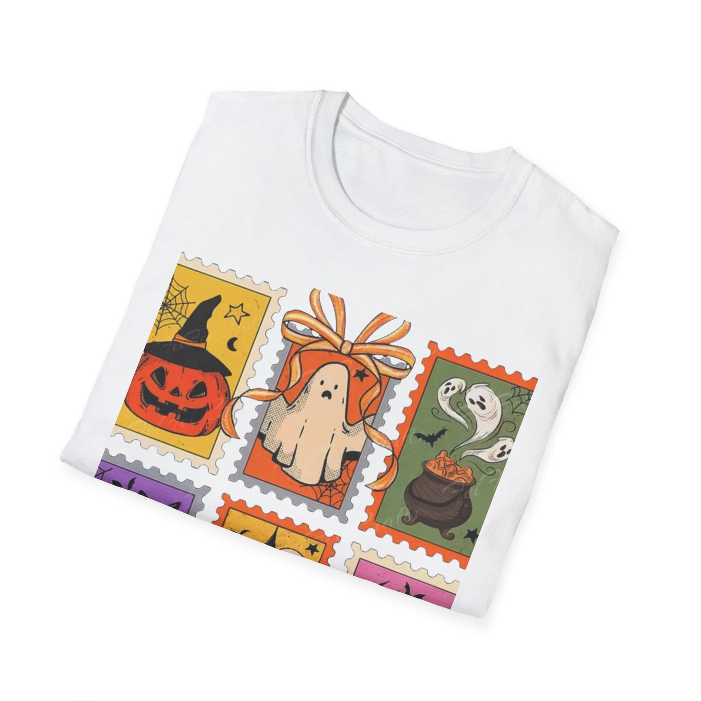 Halloween Themed Unisex Softstyle T-Shirt - Spooky Stamp Design, Fall Fashion, Trick or Treat, Halloween Party, Gift for Ghost Lovers