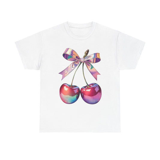Sweet Cherry Ribbon Tee, Cute Casual Wear, Gift for Fruit Lovers, Summer Vibe Shirt, Festival Outfit, Unisex Graphic T-Shirt