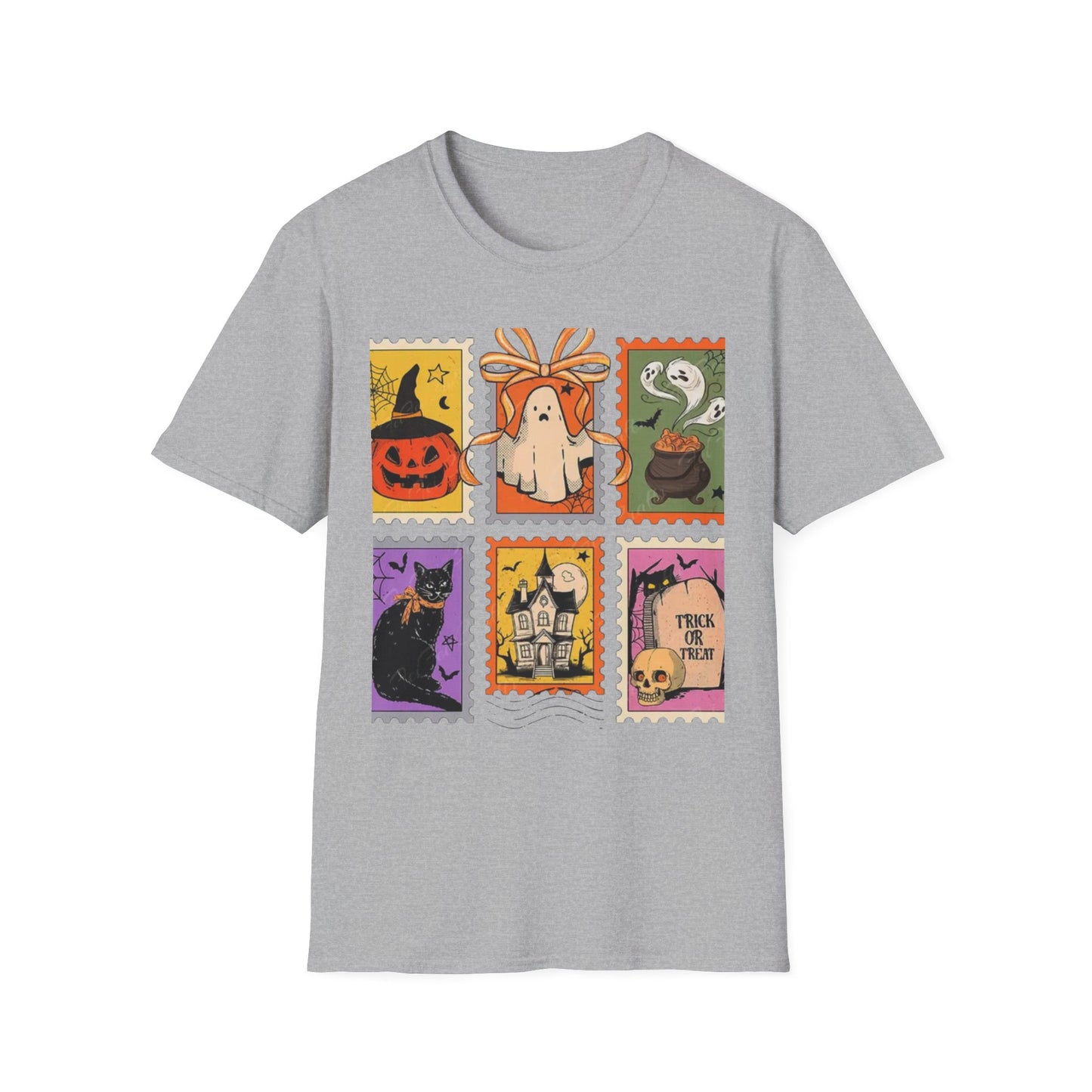 Halloween Themed Unisex Softstyle T-Shirt - Spooky Stamp Design, Fall Fashion, Trick or Treat, Halloween Party, Gift for Ghost Lovers