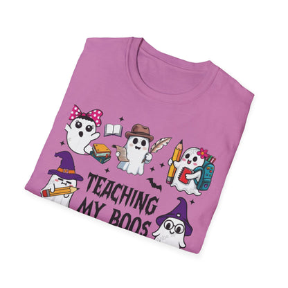 Halloween Teacher T-Shirt, Teaching My Boos, Unisex Softstyle Tee, Cute Ghost Design, Fall Celebration Apparel