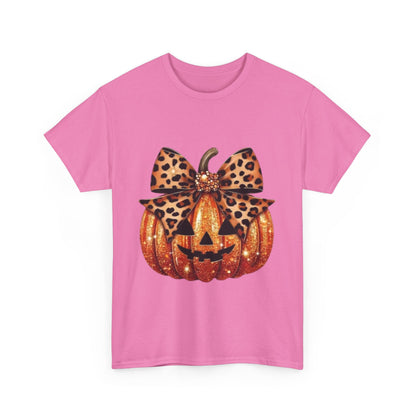 Leopard Bow Pumpkin Tee, Cute Halloween Shirt, Fall Fashion, Unisex Graphic Tee, Autumn Apparel, Pumpkin Lover Gift