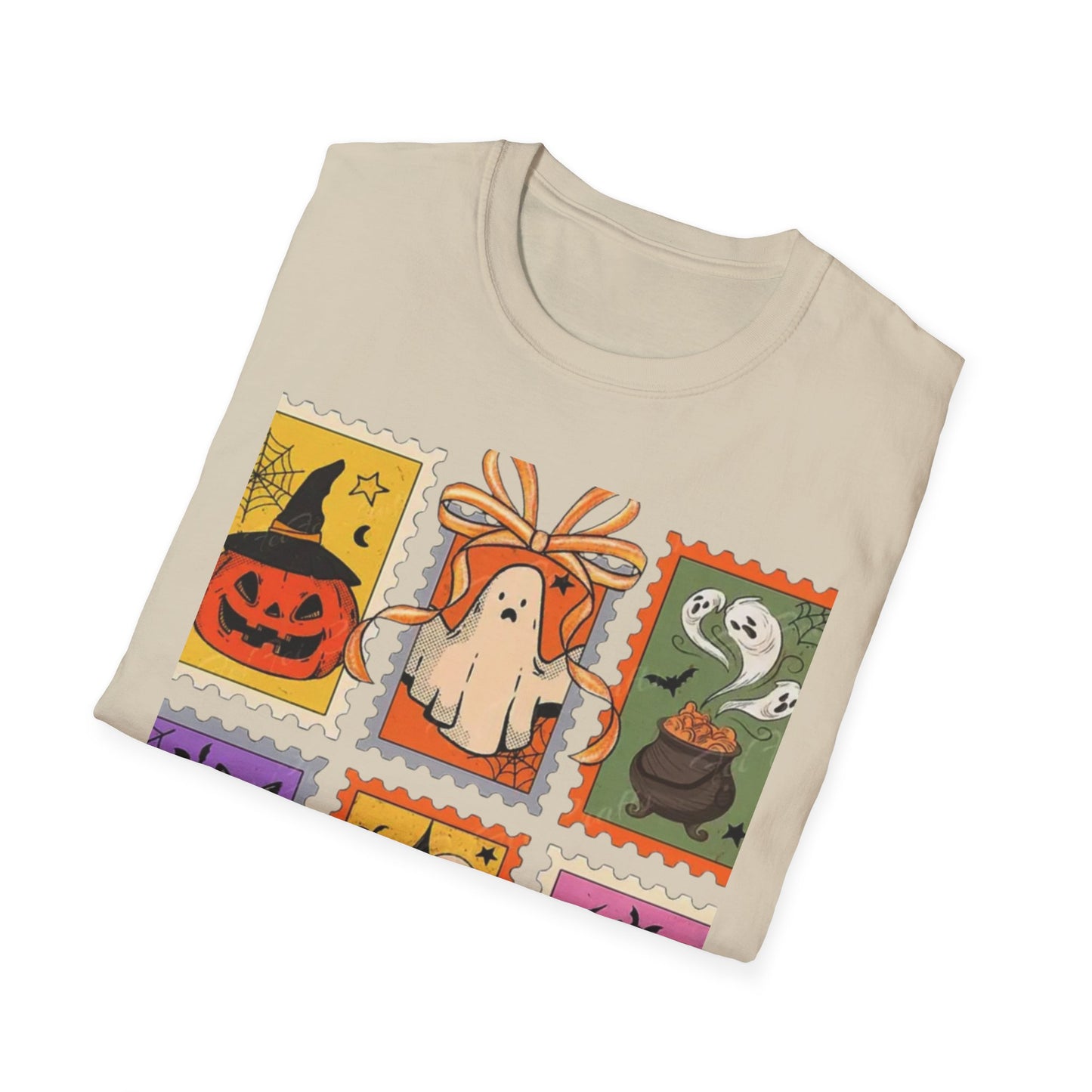 Halloween Themed Unisex Softstyle T-Shirt - Spooky Stamp Design, Fall Fashion, Trick or Treat, Halloween Party, Gift for Ghost Lovers